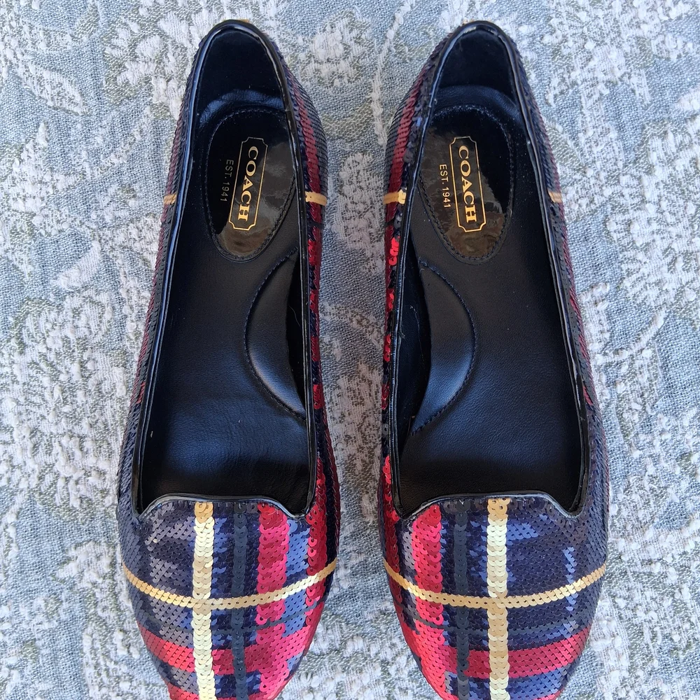 🍒 Coach "Deborah" Leather Sequin Embellished Plaid Ballet Flats Sz. 6 - Picture 3 of 11